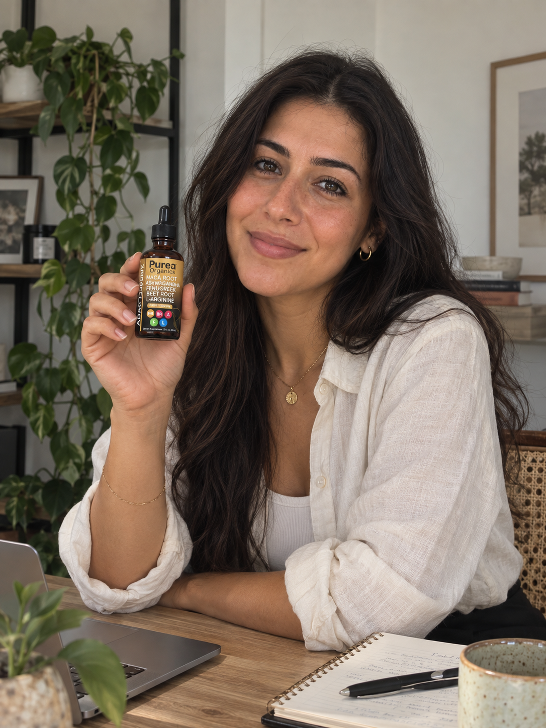 Purea Organics founder holding the Liquid Maca Root bottle at her desk