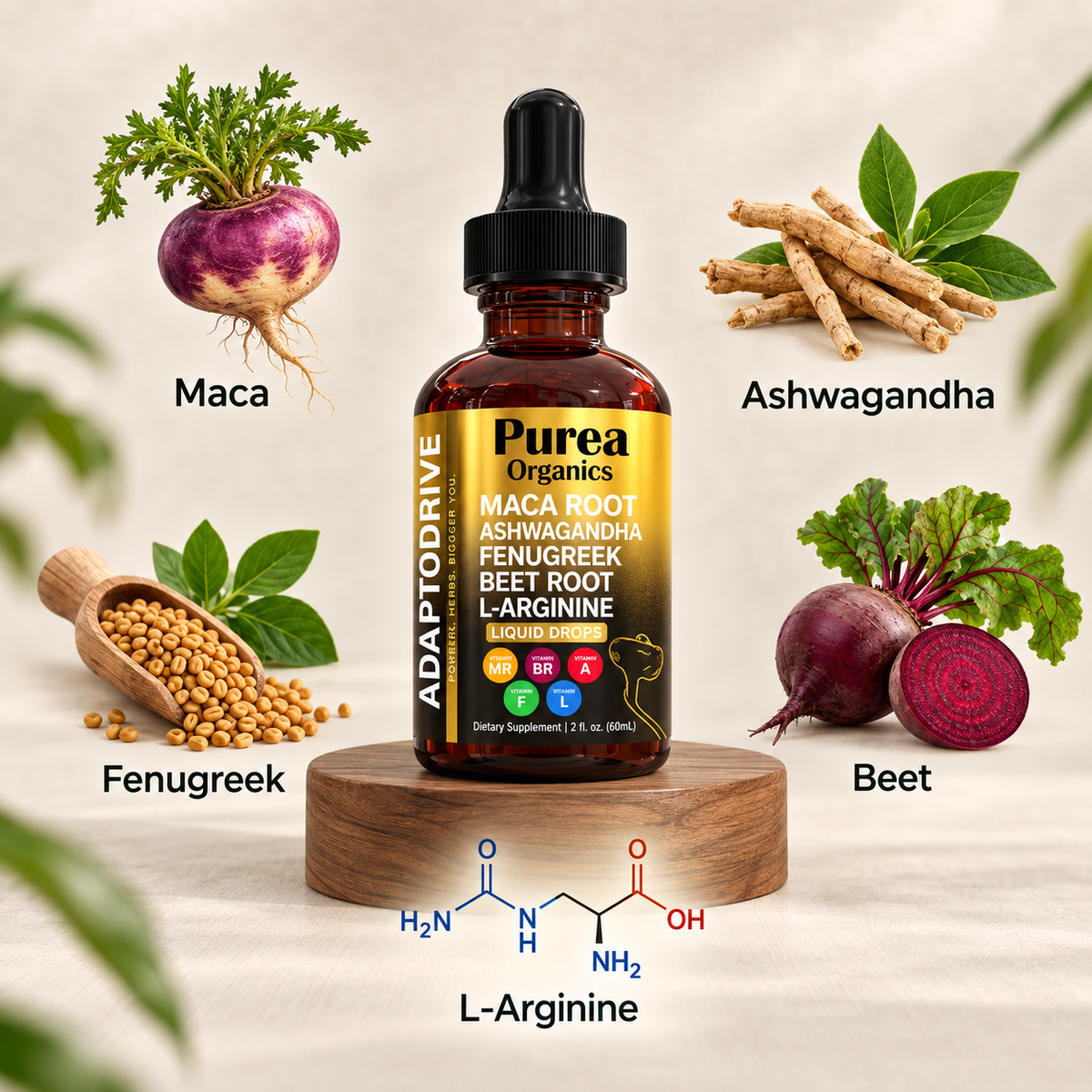 Maca, ashwagandha, fenugreek, beet and L-arginine ingredients