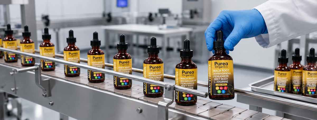 Purea Organics bottles on a production line being checked by a technician